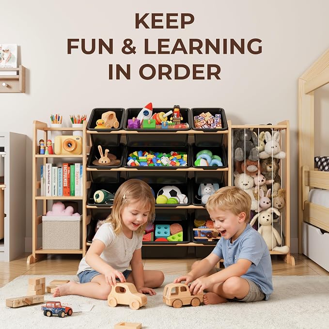 Toy Storage Organizer with Bookshelf and Stuffed Animal Storage - Kids Playroom Organization with Shelves and 12 Toy Bins - Toddler Living Room Toy Box for Lego - Nursery Bedroom Decor Essential