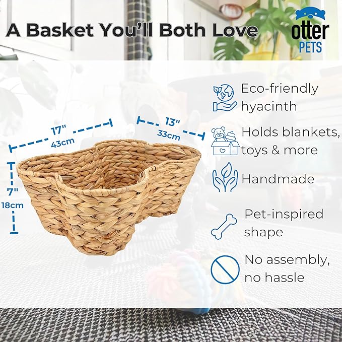 OtterPets Dog Toy Basket, Hyacinth Bone Shaped Dog Toy Bin, 17x13” | Handmade dog toy box, dog toy storage, dog basket, basket for dog toys, dog storage, 17 x 13 in, natural water hyacinth