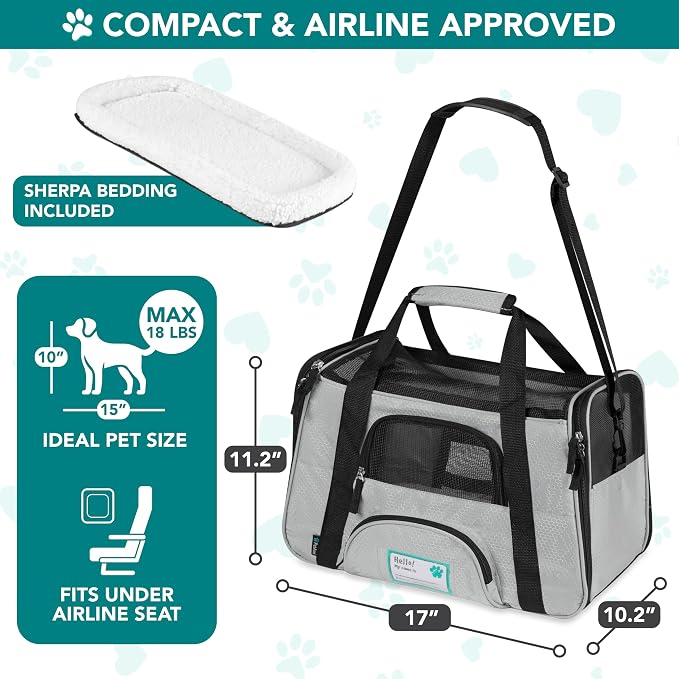 PetAmi Airline Approved Pet Carrier for Cats & Small Dogs, Small Light Gray | Soft Sided TSA Travel Bag, Sherpa Bed, Breathable Mesh Ventilation, Collapsible Bowl, Fits Under Seat, Up to 18 lbs
