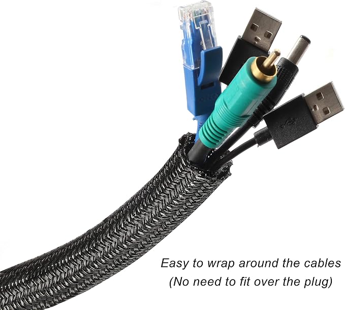 Cable Management Sleeve, Split Design, 10FT - 3/4 Inch, Black | Cord Protectors from Pets | Heat & Abrasion Resistant Wire Loom | Automotive Wiring & Home Office Cable Organization