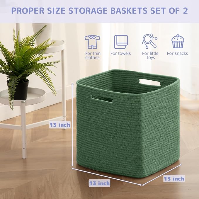 OIAHOMY 2 PACK Cube Storage Bin 13 Inch Collapsible Storage Cube Green | Cube Storage Organizer Storage Bins for Shelves Baskets for Organizing Woven Rope Storage Baskets