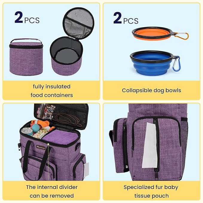 Modoker Dog Travel Organizer Carriers for Supplies & Accessories, Airline Approved Cat Pet Travel Bag, 2 Collapsible Bowls, 2 Travel Dog Food Container, Purple | Dog travel accessories set with feeding supplies, bowls, mat, and strap. Ideal for weekend...