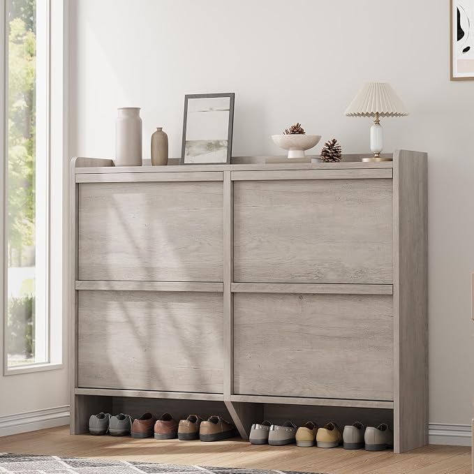 GarveeHome Shoe Cabinet with 4 Flip Drawers, Wooden Shoe Organizer Cabinet with Adjustable Shelf, Shoe Storage for Entryway, Hidden Shoe Cabinet for Hallway, Living Room, Grey
