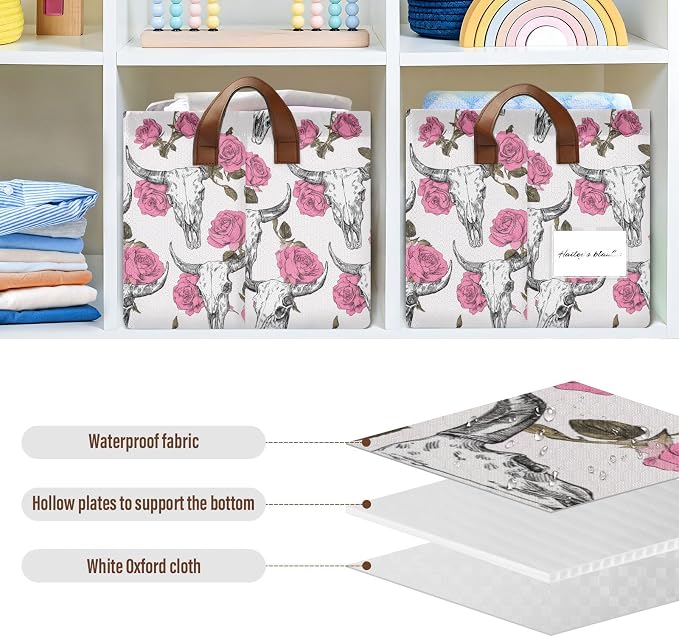Cow Skulls and Pink Rose Flower Storage Basket Foldable Cube Storage Bins with Handles&Label Waterproof Collapsible Organizer Box Bin Large Rectangle Decorative Baskets for Shelves Home Room Laundry