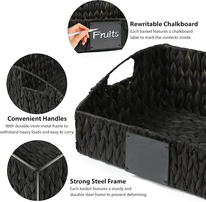 Black Pantry Baskets, Wicker Baskets for Shelves Organizing | Handwoven Pantry Organizers and Storage with Built-in Handles, Laundryroom Organization Storage Bins for Snack Cans