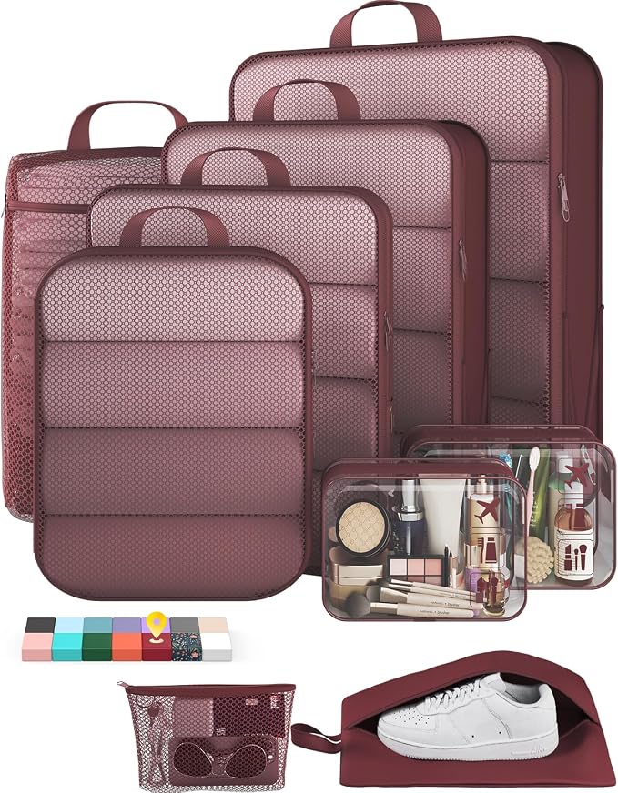 Veken 9/11 Set Compression Packing Cubes Garment Bags for Travel Essentials,Compressible Expandable Luggage Organizer Bags for Clothing,Space Saver Bags with Over 1000 pcs of Mesh Holes(Wine Red)