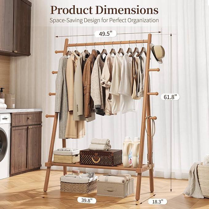 Yoobure Solid Wood Clothes Rack - Heavy Duty Clothing Racks for Hanging Clothes with 8 Hooks, Portable Garment Rack for Dress Shirt Shoe, Freestanding Wardrobe Coat Racks with Shelf for Closet Bedroom