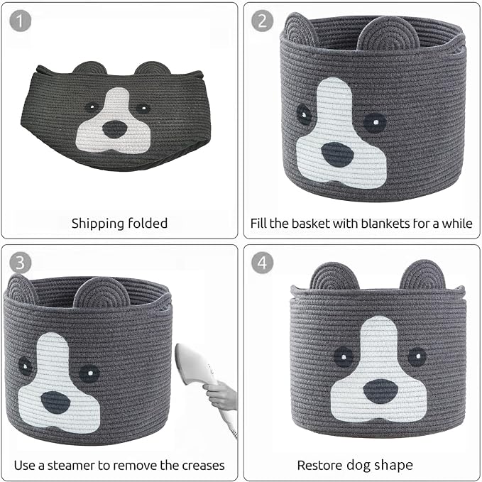 Medium Dog Woven Baskets with Handle, Dog Toy Hamper, Cotton Rope Dog Toy Storage Baskets for Pet, Animal Basket for Kids, Baby Gift Baskets for Dog Lovers, Dark Grey