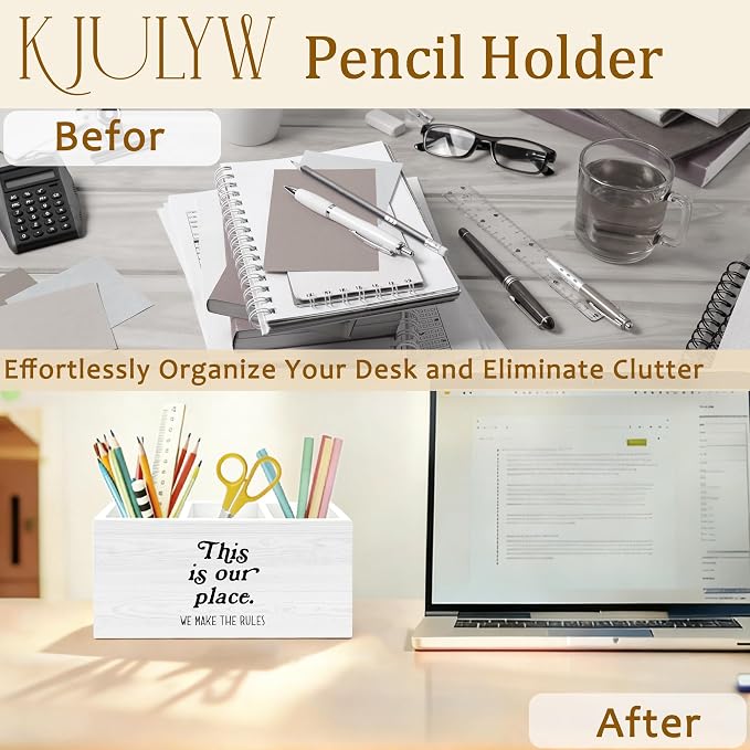 Funny Pen Holder for Desk, This Is Our Place We Make the Rules Wooden Box Pencil Pen Holder Organizer for Home Office Desk Accessories, Housewarming Gifts