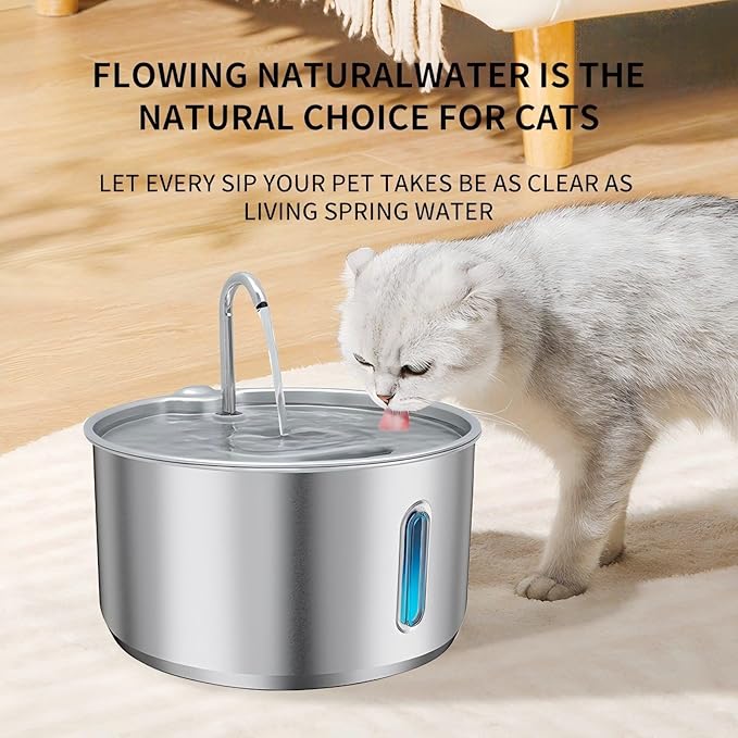 135oz/4L 304 Stainless Steel Cat Water Fountain for Cats & Dogs – LED Window with Blue/Red Alerts, Ultra-Quiet 38dB Pump, Auto Shut-Off, Night Light, Indoor Pet Water Dispenser