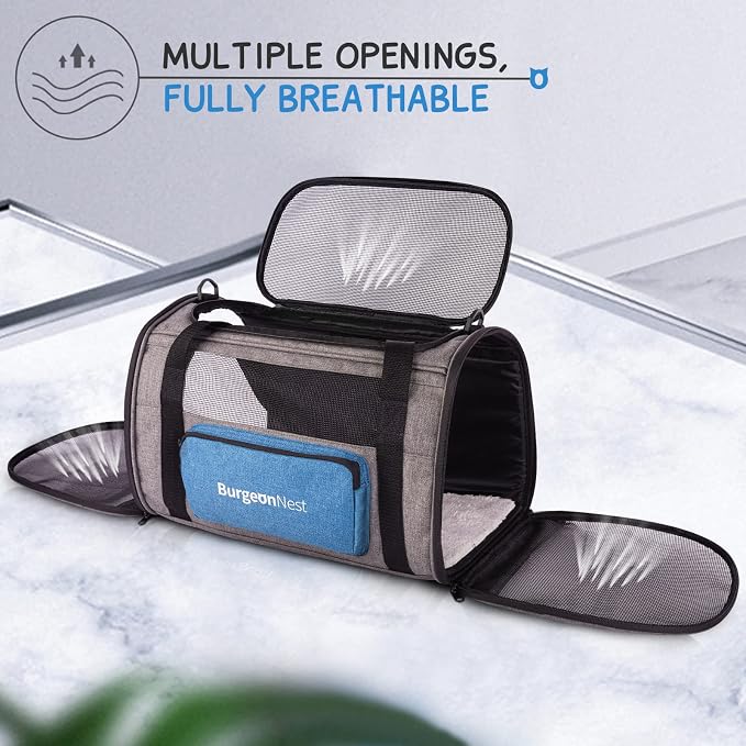 BurgeonNest Pet Carrier for Large Cats up to 25 lbs with Unique Side Bag | Soft-Sided Top Load Pet Crate for Big Cats Small Dogs, Stable Steel Frame with 4 Ventilated Windows, Car Travel, Large Blue