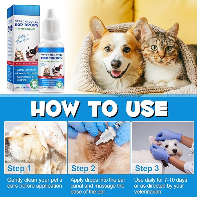 Redshine Ear Drops for Cats & Dogs-Dog Ear Infection Medication-Ear Mites Treatment-Dog Yeast Soothing Cleansing with 1% Hydrocortisone-Clean Pet Earwax-Mild and Effective (60ml)