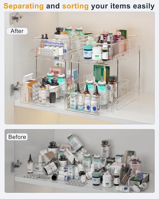 2-Pack 2-Tier Under Sink Organizers with Sliding Drawers | Multi-use kitchen & bathroom storage, 10.6 inch clear cabinet organizer, space-saving sliding drawer design.