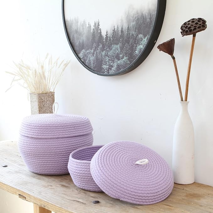 Sea Team Round Woven Cotton Rope Storage Basket with Lid, Lavender | Lidded Knitted Decorative Storage Bin, Pot, Caddy, Organizer, Container for Snacks, Towels, Plants, 13 x 5.5 Inches