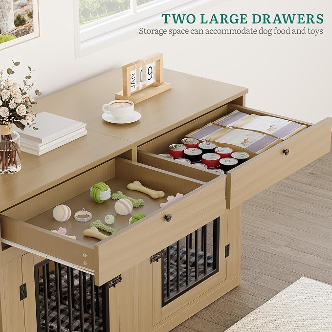 YITAHOME 60" Dog Crate Furniture with Removable Divider & Storage Drawers | Double Door Kennel with Locks for Medium and Large Dogs, Multi-functional Dog Crate End Table, Light Beige