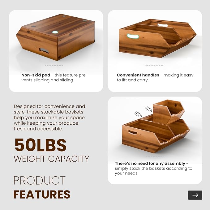 Tidita Potato & Onion Storage Bin, Stackable Pantry Bins (Patent Pending) | Acacia Wood, No Assembly, 3 Stackable Bins, Integrated Handles, 50LBS Capacity, Non-Skid Pads, Multi-Use, Acacia Wood Color