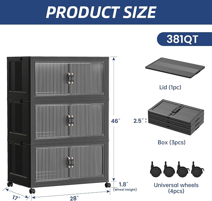 SAILUN 381Qt Stackable Storage Bins,Storage Cabinet with a Lid,3 Pack Black