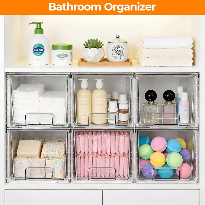 6 Pack Stackable Acrylic Storage Drawers – Clear Plastic Organizer Bins, Easy to Assemble, Suitable for Bathroom, Undersink, Kitchen, Pantry, Makeup, Medicine Organization