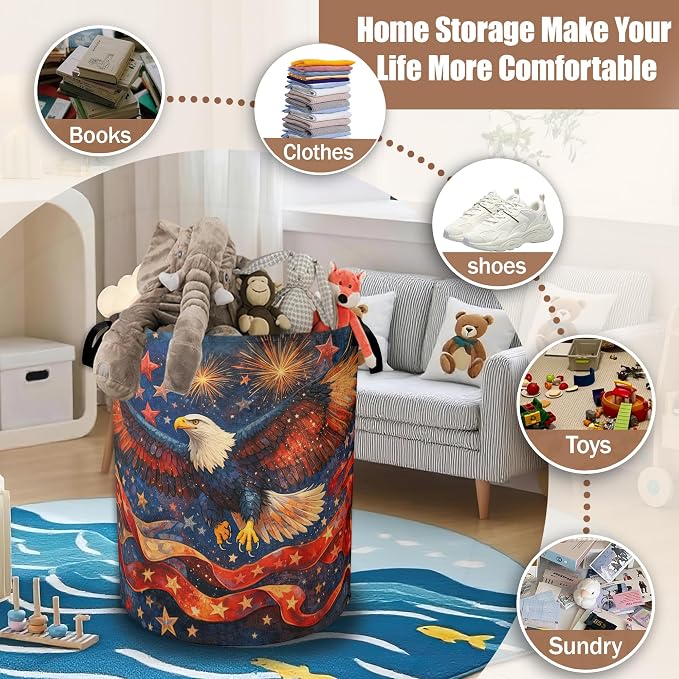 Eagle Fireworks Laundry Baskets,American Laundry Hamper,Storage Basket with Handles for Bathroom Bedroom College Dormitory Living Room Nursery Organizer 16"x20.8"