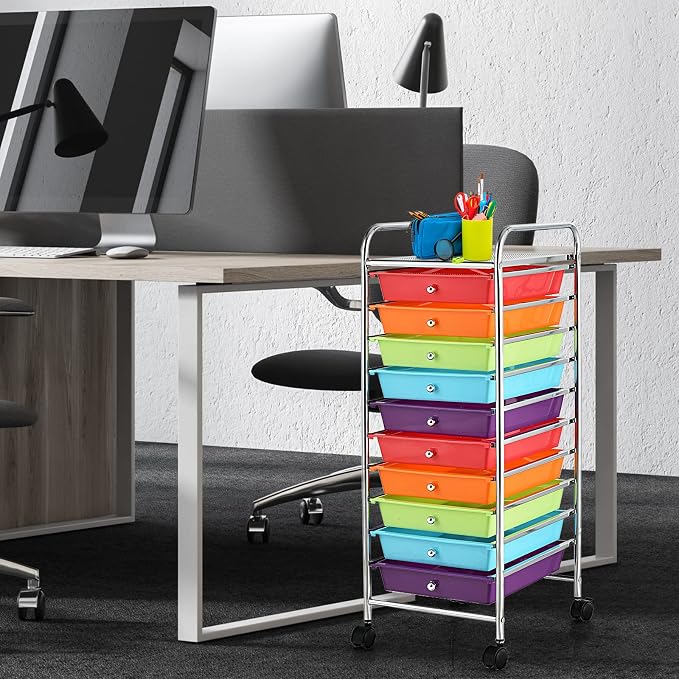 10 Drawer Rolling Storage Cart, Organization Cart with Drawers for Craft Makeup Paper Tool Art Supply, Versatile Utility Cart on Wheels for Home Office Classroom School (Multicolor)