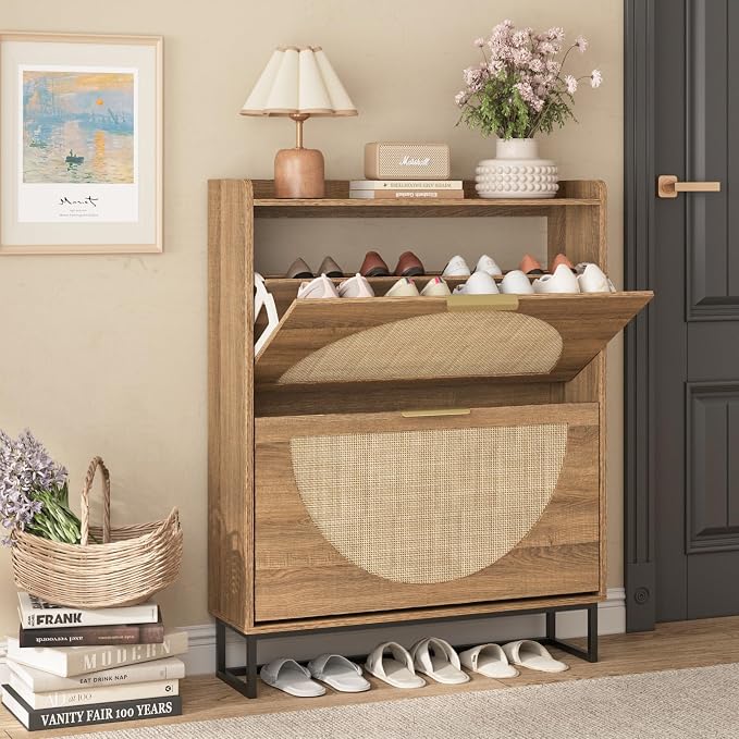 Maupvit Rattan Shoe Storage Cabinet with 2 Flip Drawers, Freestanding Shoe Organizer with Metal Legs for Entryway, Hidden Golden Handles, Narrow Shoe Rack Cabinet, Rustic Oak Rattan