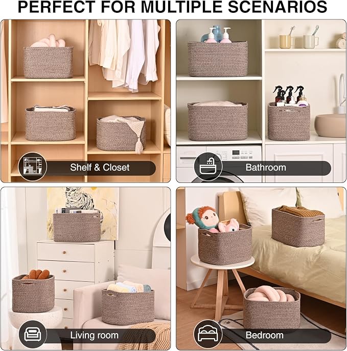 Storage Baskets for Organizing Shelves, Woven Cotton Rope Bins for Organization, Dog Toy Organizer for Shelf Living Room Bedroom, 14.8"×11"×9.5", Pack of 3, Dark Brown