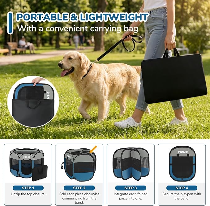 Dog Cat Small Animal Puppy Playpen Crate, Medium, Grey Blue | Portable Pop Up Pet Cage Enclosure Tent Kennel Indoor Outdoor with Carrying Case, No Assembly, Camping Use