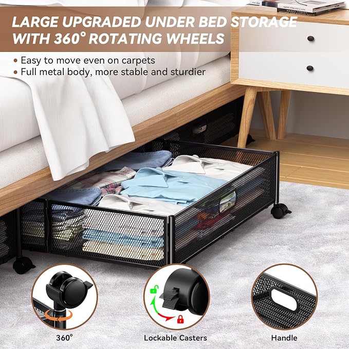 Under Bed Storage with Wheels & Handle,Metal,Large,4 Pack,Black | Tool-free assembly, glide smoothly, easy reach, foldable, maxmazie low-profile beds, dorm, keep seasonal clothes, shoes fresh