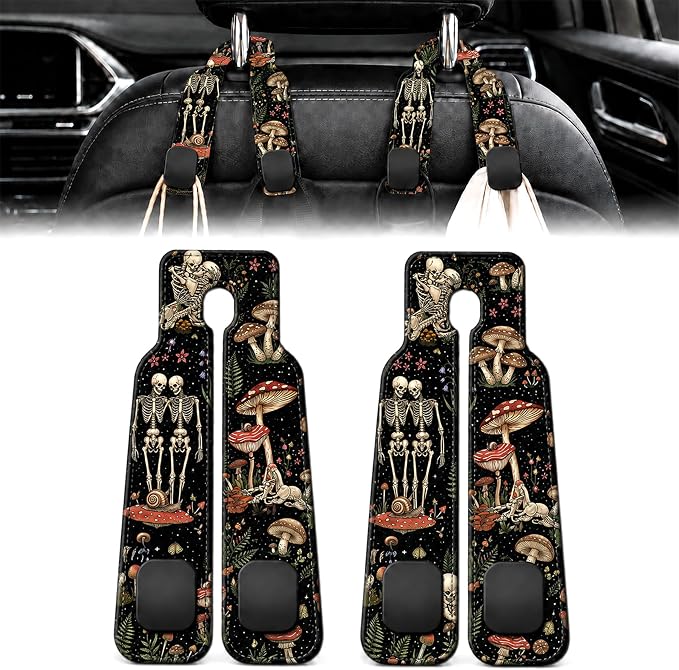 2 Pack Goth Skeleton Car Headrest Hooks for Purse Seat Back Hanger | Goth Skeleton Car Accessories Metal Hook,Spooky Gifts for Women Men,PU Leather Double Hook for Backseat Organizer