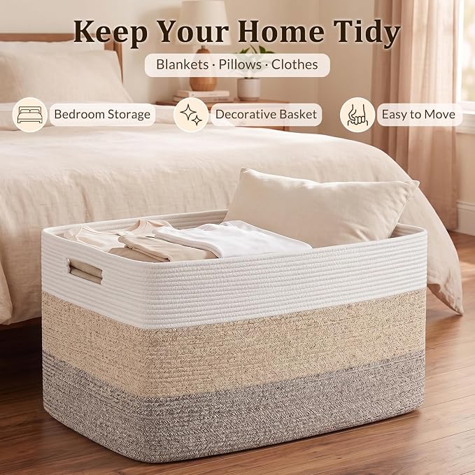 OIAHOMY 108L Super Large Blanket Basket, 25”x16”x16”(108L) Rectangle Woven Baskets for Storage, Cotton Rope Basket For Living Room, Toy Storage with Handle- Gradient Brown