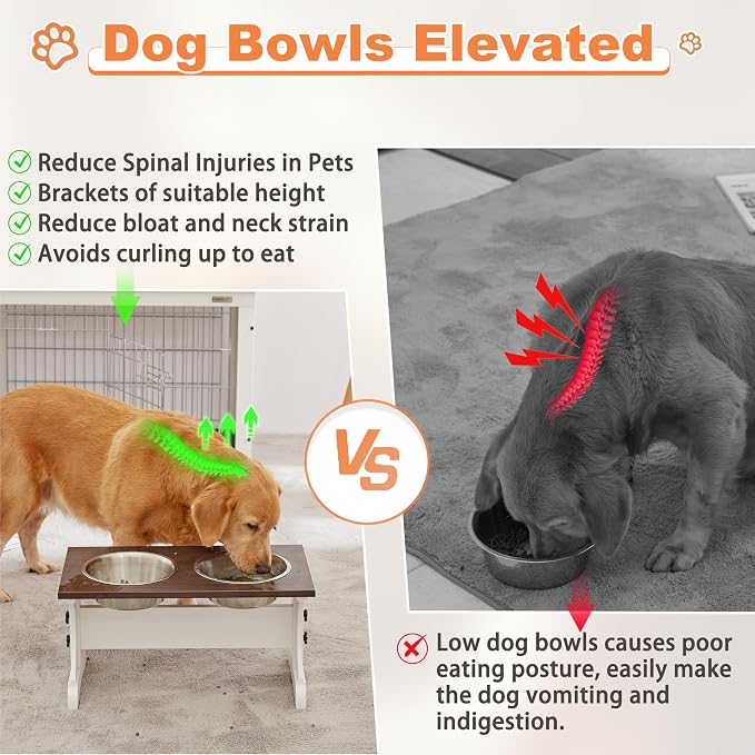 Piskyet Elevated Dog Bowls,Dog Bowl Stand, 9Cups 13.8"H_80oz Bowl-Farmhouse | Farmhouse Dog Bowls Stand, Raised Dog Bowl with 2 Stainless Steel Wooden Dogs Bowls for Medium Large Size Dogs