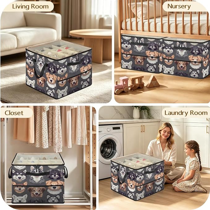 TropicalLife Cute Dog Faces Shoe Organizer for Closet | Foldable Shoe Storage Organizer Box Bin with Adjustable Dividers and Clear Cover, Fits up to 16-32 Pairs