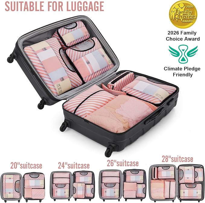 Veken 8 Set Packing Cubes for Travel Essentials, Pink Suitcase Organizer Bags in 4 Sizes, Carry-On Luggage Accessories with Large Laundry & Hanging Toiletry Bag, Must-Have for Airplane, Road Trip
