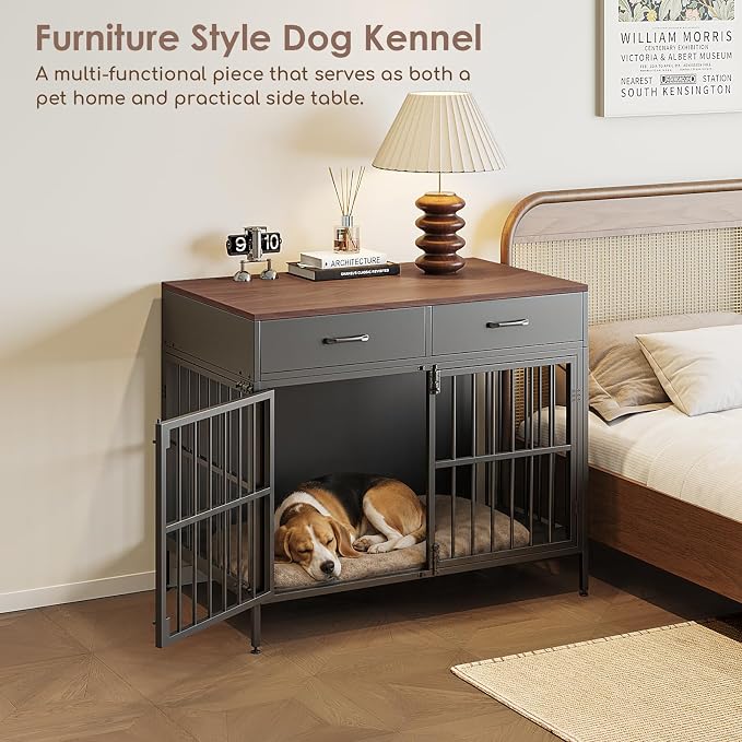 XL Dog Crate Furniture, 39.4" Heavy-Duty Dog Kennel with 2 Storage Drawers | Chew Proof & Escape Proof Dog Cage,Double Door with Secure Latch, Furniture-style Wooden End Table, Adjustable Non-slip Feet
