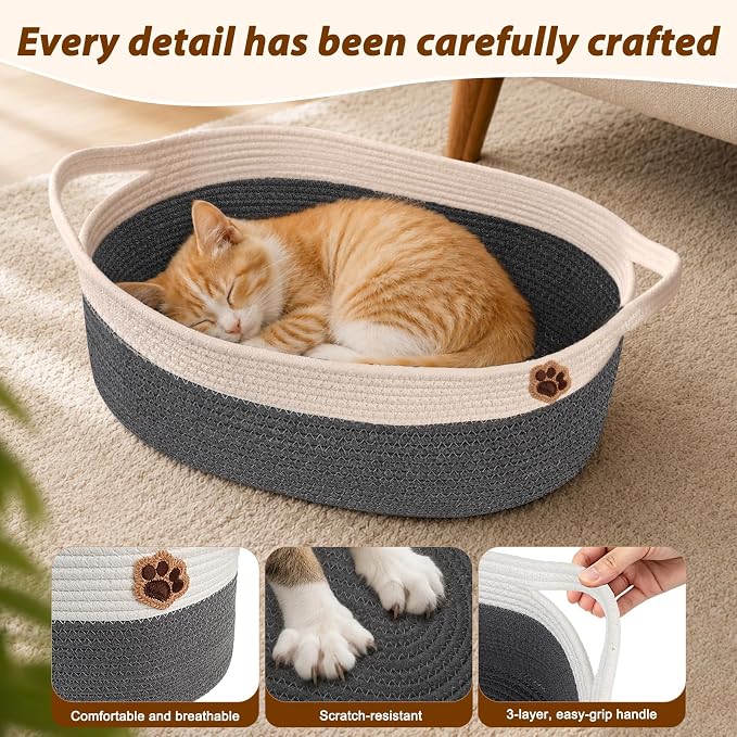 SZEE 2 Pack Stimulicat Handwoven Cat Basket, Large Instinct Cat Bed Baskets | Woven Cotton Rope Cat Scratcher Basket & Pet Toy Organizer, Breathable with Reinforced Handles, 19.7"x11"x7.9", Beige+Gray