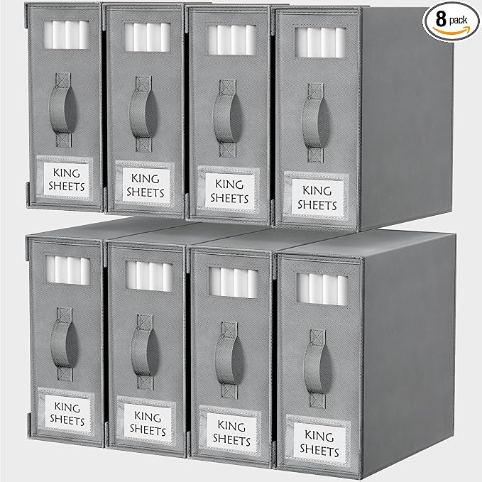 Bed Sheet Organizers and Storage, 8 Pack Foldable Linen Closet Organizer Box – Bedding Holder for Sheet Set (King/Queen Sizes), Duvet Covers, Blankets (Grey)