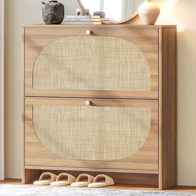 Rattan Arched Accent Shoe Storage Cabinet - Freestanding Ultra Slim for Entryway, 2 Flip Drawers & 3-Tier Adjustable Shelves, Farmhouse Modern Rustic Shoe Rack for Hallway, Foyer, Living Room