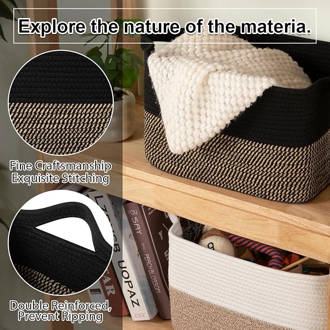 OIAHOMY Woven Storage Basket for Shelves, Rectangle Cotton Rope Baskets for Organizing, 13 x 10 x 9 in, Storage Bins for Dog Toys,Towel,Books,Gift,Black and Brown