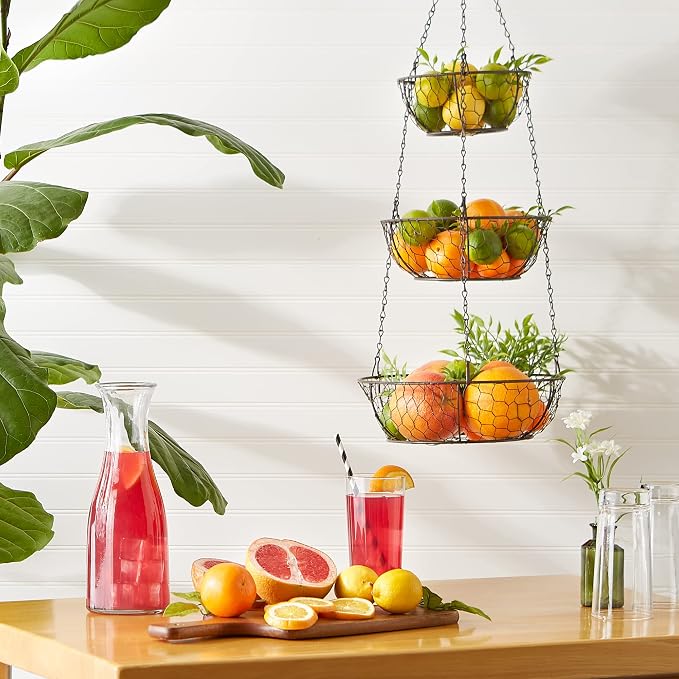 RSVP International Hanging Storage Collection 3-Tier Baskets, Bronze Chicken Wire