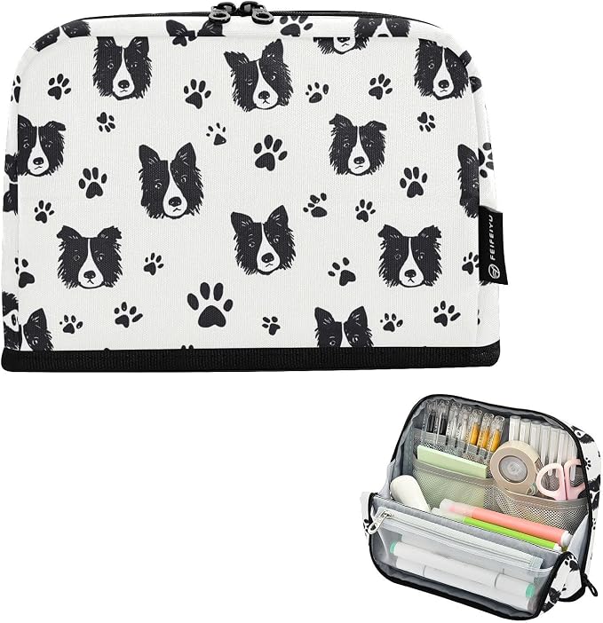 Aslsiy Large Capacity Pencil Case Dog_ Paws Border Collie White Pencil Pouch for Boys Girls Portable Pen Bag Organizer Standing Makeup Bag for School Office Supplies