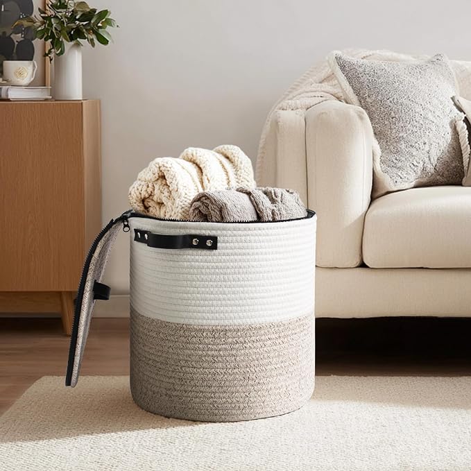 Storage Basket with Lid, 18"x14" Large Woven Blanket Storage for Living Room, Round Cotton Rope Bin with Zipper Top, Shoe Basket with Lid for Entryway, Floor Kids Dog Toy Bin Box with Cover