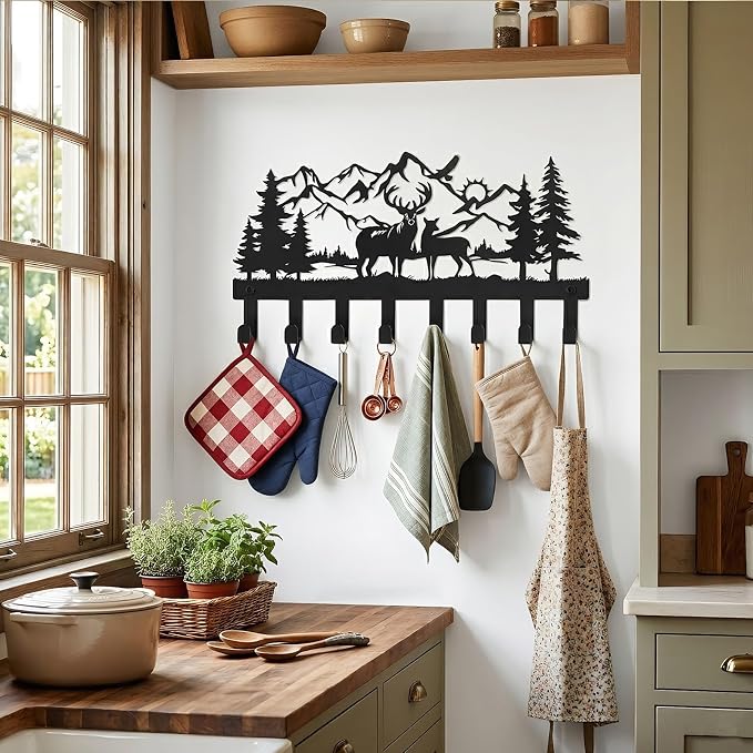 Deer Metal Key Holder for Wall, 14.5" X 8.9", Key Hooks for Wall Organizer, Key Rack, Forest Theme Coat Hat Towel Hooks, Ideal for Living Roo