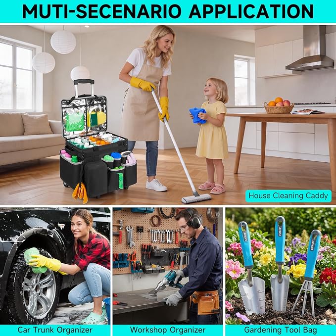 Cleaning Cadddy Bag with Rolling Cart, Lareg Cleaning Bag with Wheels | Cleaning Supplies Organizer with Detachable Trolley for Housekeepers, Housekeeping Cleaning Cart with Shoulder Strap & Handle