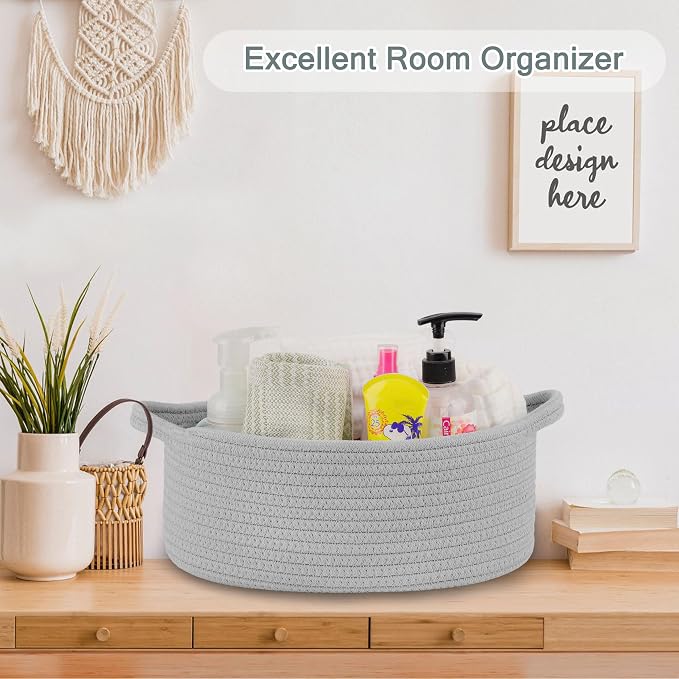 COMSE Empty Small Gift Basket with Bag & Ribbons, Cool Gray | Cotton Rope, 12"x 8"x 5", Baby Toy Organizer, Stores Small Items for Bedrooms, Nurseries, Bathrooms, Living Rooms, Offices