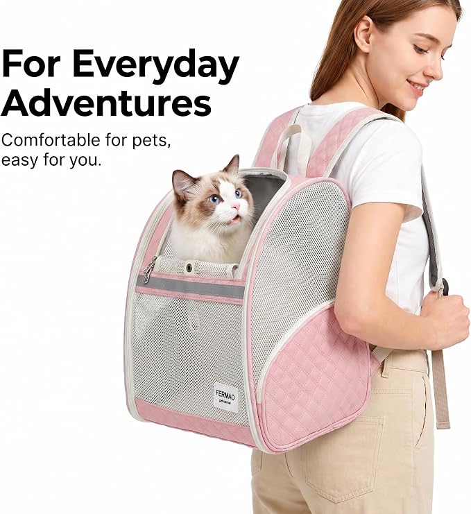 Cat Backpack Carrier for Small Dogs and Medium cat Puppy Kitten Bunny Pet Carrier Backpack Collapsible with Fully Ventilated Mesh with Safety Leash (Pink, 12.9" L x 10.62" W x 15.5" H - M)