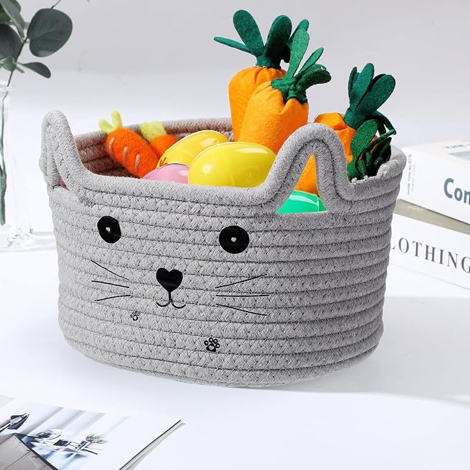 Zopeal Cat Storage Basket Woven Organizer with Ears Decorative Gift Cute Cotton Rope Pet Toy Basket for Gift Cat Dog Toy Bin Nursery Room(8.3 x 4.7 Inch,Light Gray)