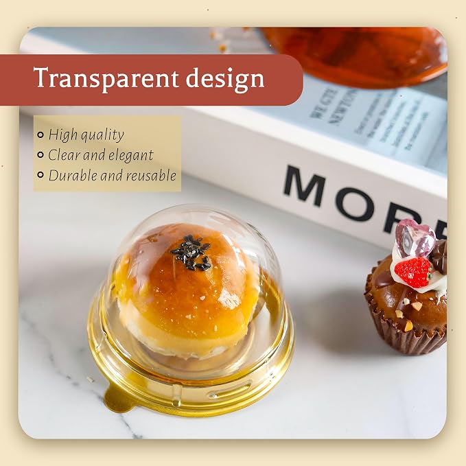 NPLUX 50 Pack Gold Mini Individual Cupcake Containers with Clear Lids | 50 clear PET Cupcake Boxes,2.8x2 IN,Desk Pet,Mini Cupcake Holder,for Mooncakes, Wedding Favors, and Elegant Dessert Displays
