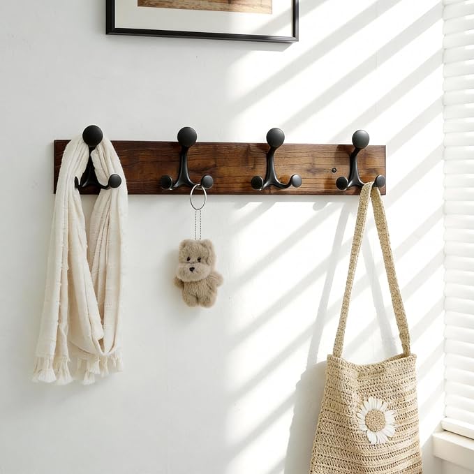 SKOLOO 24-Inch Walnut Wood Coat Rack Wall Mount with 4 Triple Hooks - Ideal for Family Entrances, Classrooms, and Pet Supplies Storage - Perfect Coat Hooks for Wall