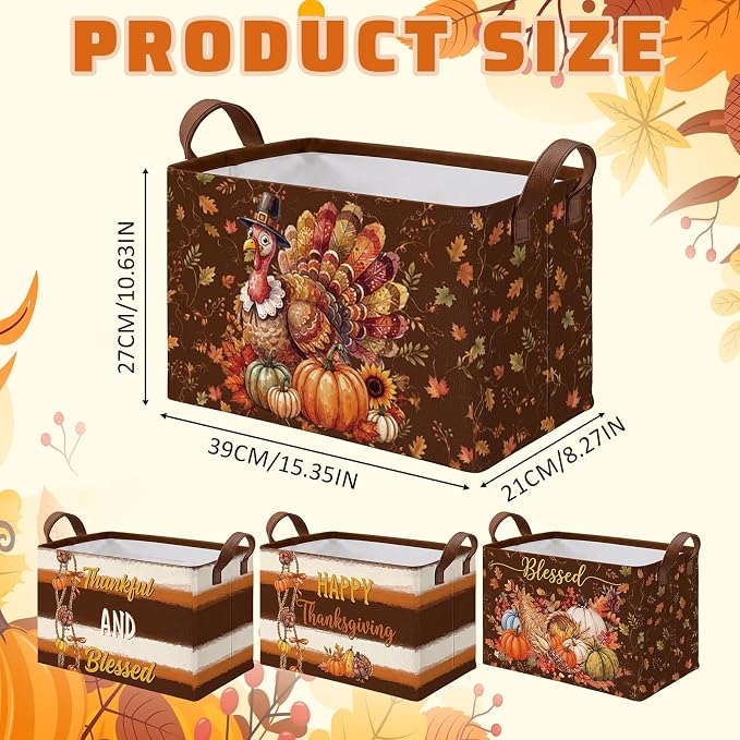 4 Pcs Fall Storage Basket for Gifts Empty Large Thanksgiving Turkey Storage Bins with Handles 15 x 10 x 8 Fabric Laundry Baskets Harvest Collapsible Organizer Boxes for Home Clothes Toys Books