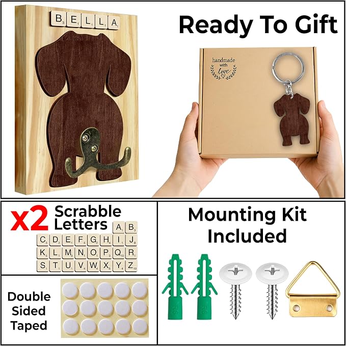 Dachshund Dog Leash Holder Wall Mount with Scrabble Letters, Wooden Dog Wall Hook Organizer, Pet Collar and Harness Holder for Entryway, Key Hook and Leash Rack, Pet Lovers Gift Home Decor PF297-30